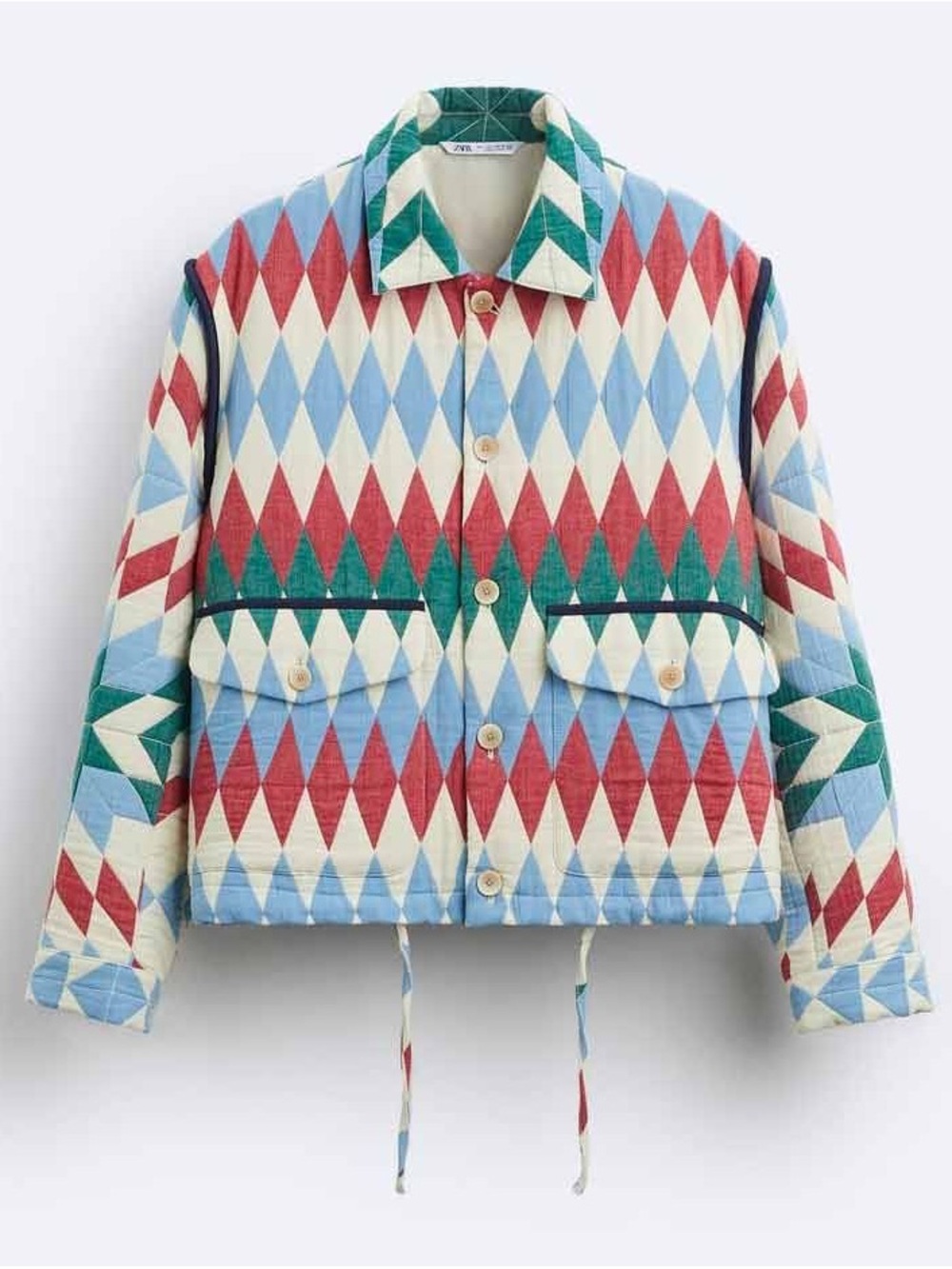 ZARA Diamond Jacquard Jacket, Quilted Patchwork Boho, Large